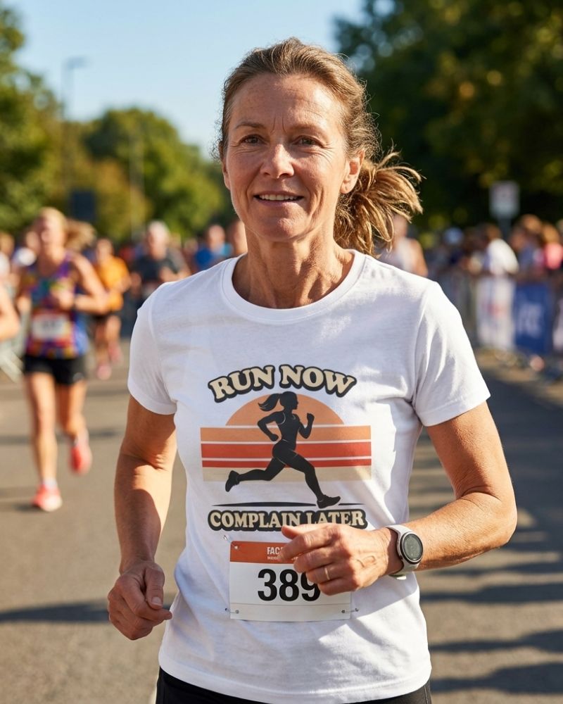 Woman running in a race wearing a 'Run Now Complain Later' t-shirt.