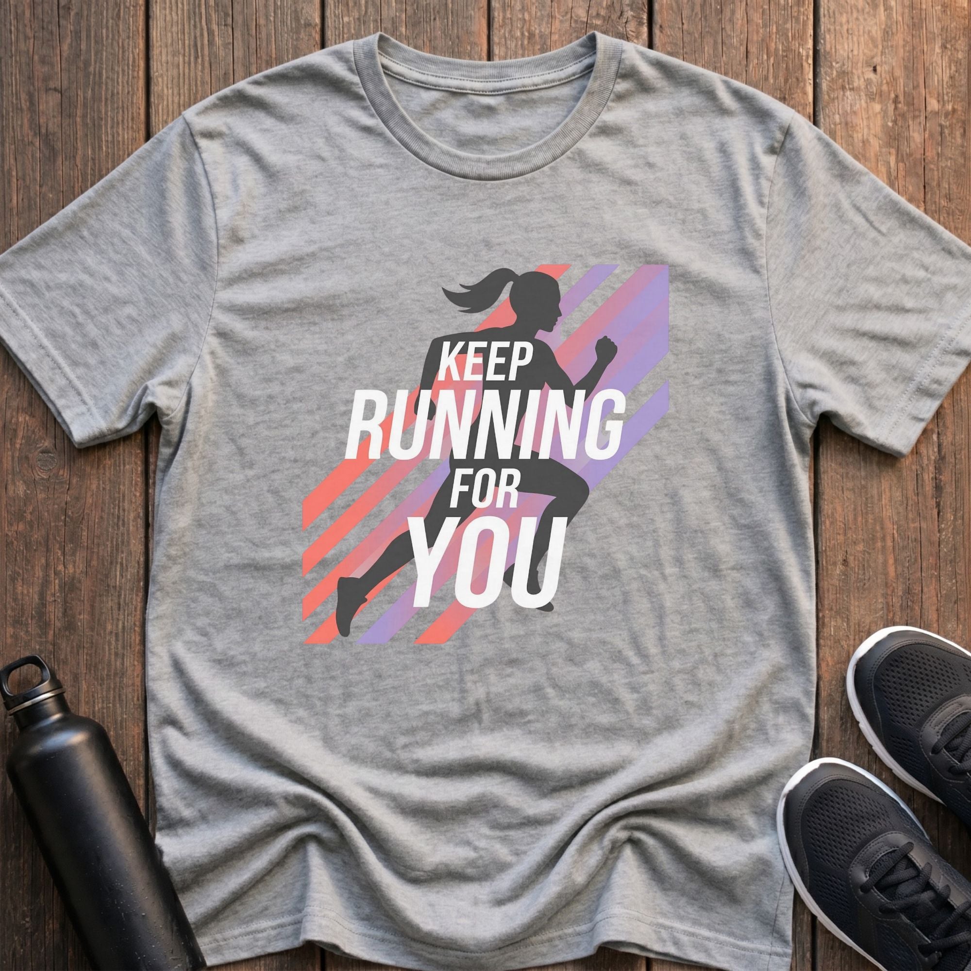 Gray t-shirt with running-themed design on a wooden surface with sneakers and a water bottle.